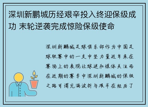 深圳新鹏城历经艰辛投入终迎保级成功 末轮逆袭完成惊险保级使命