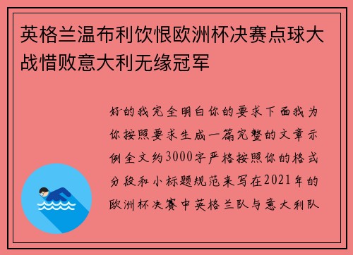 英格兰温布利饮恨欧洲杯决赛点球大战惜败意大利无缘冠军