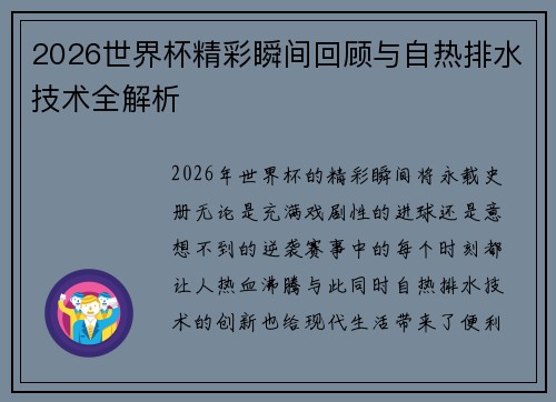 2026世界杯精彩瞬间回顾与自热排水技术全解析 2026世界杯精彩瞬间回顾与自热排水技术全解析