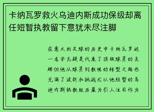 卡纳瓦罗救火乌迪内斯成功保级却离任短暂执教留下意犹未尽注脚